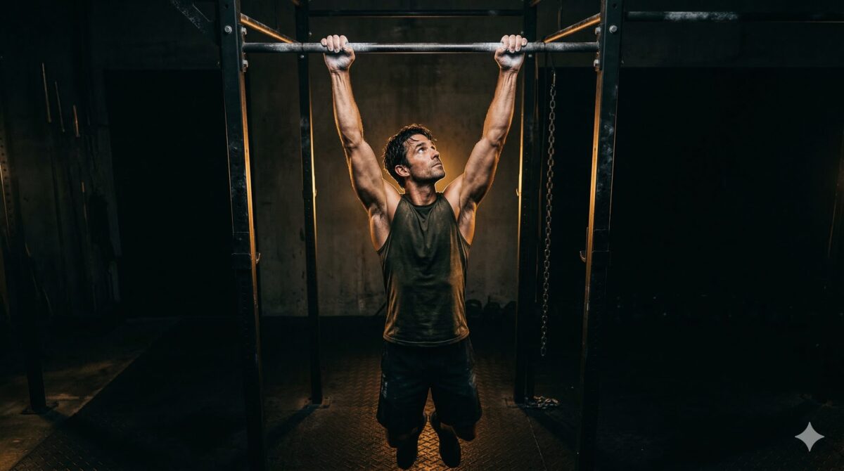 30代・40代の男性が懸垂バーを握り、挑戦する姿