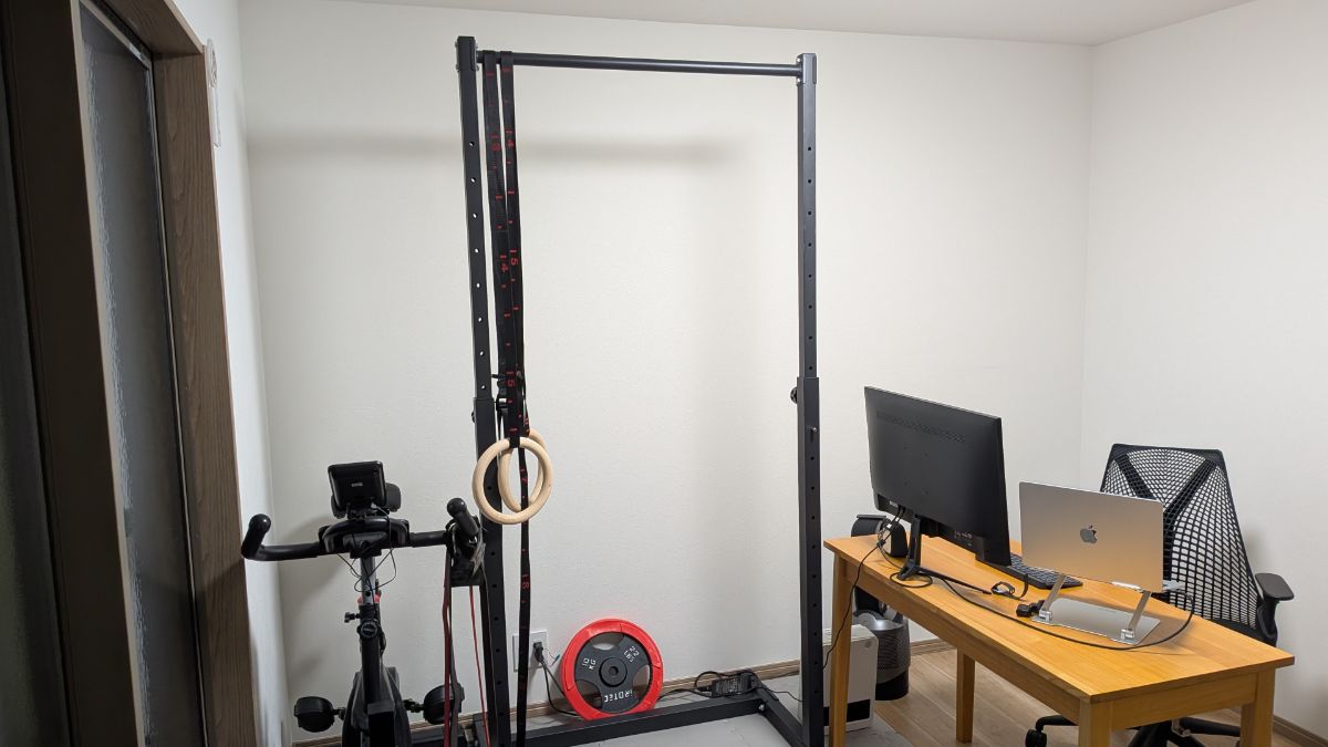 鉄棒型の懸垂器具のバーに吊り輪を掛けた様子